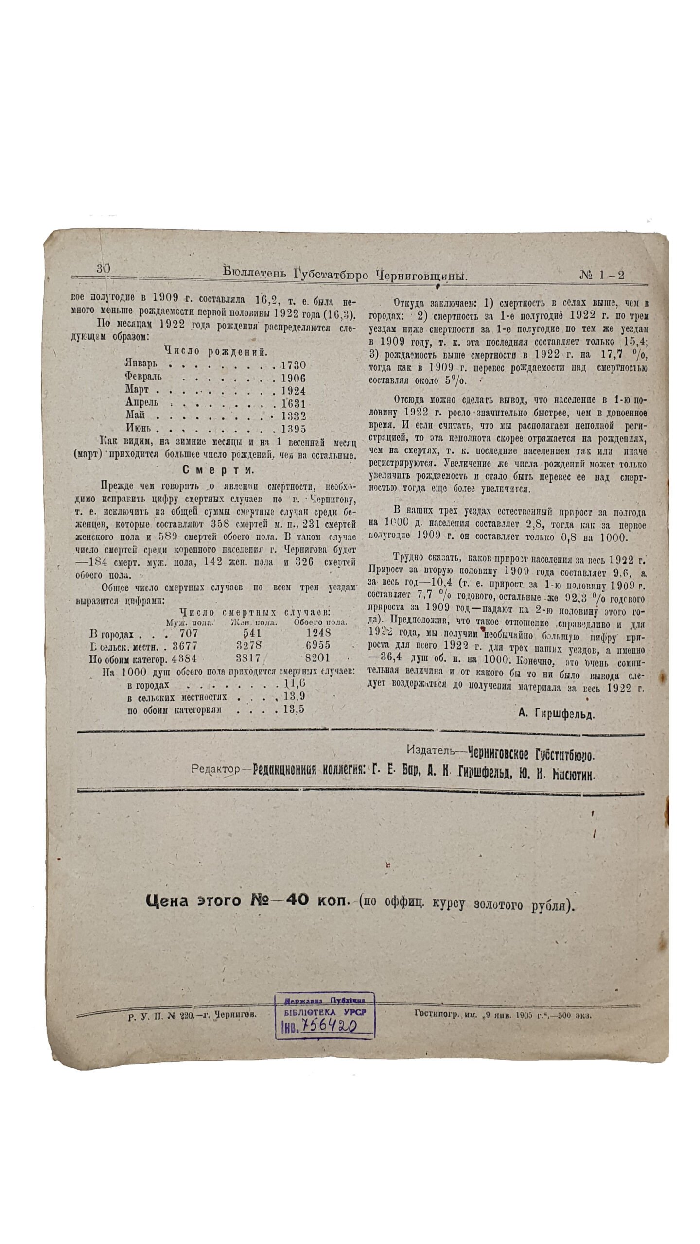 БЮЛЛЕТЕНЬ ГУБСТАТБЮРО.  Центральне Статестичне Управління України. Чернігівське Губерніяльне Статестичне Бюрю. Чернигов. Типография им. «9 января 1905 года». 1923 год.