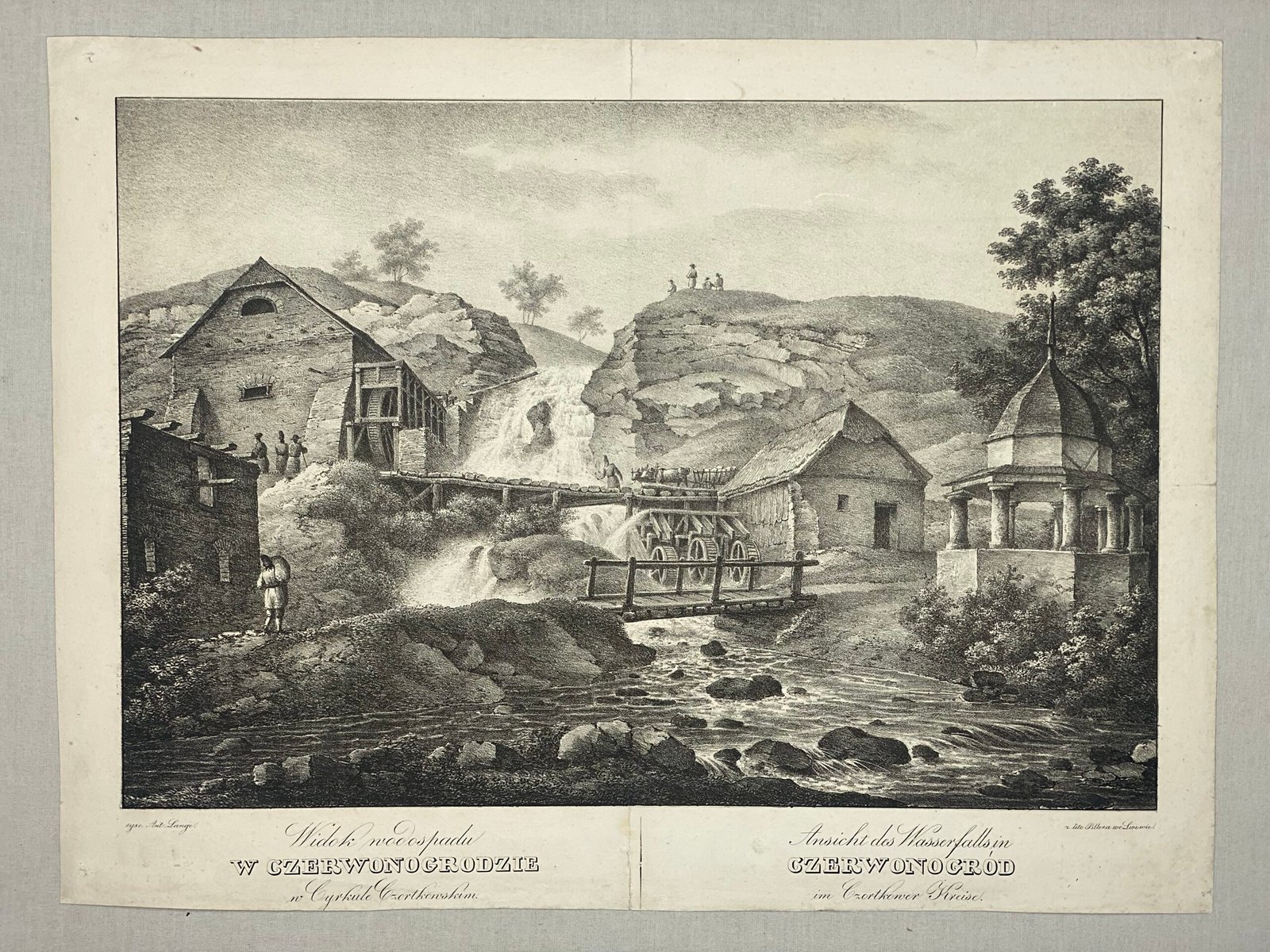 Widok wodospada w Czerwonogrodzie.  rysc. Ant. Lange.   Червоногород, Тернопольская обл.  Украина.